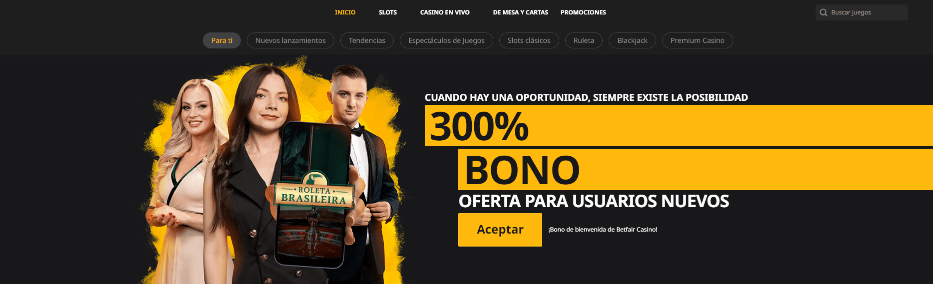 Interfaz del casino Betfair mostrando promociones y bonos disponibles