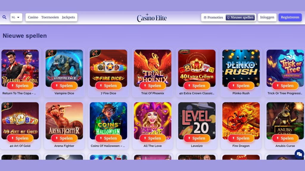 Alle spellen beschikbaar met de promotiecode en de Elite casinobonus
