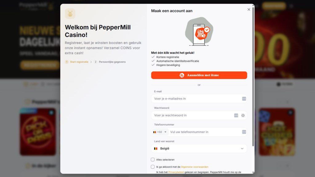 Registreer bij Peppermill om de bonus te ontvangen