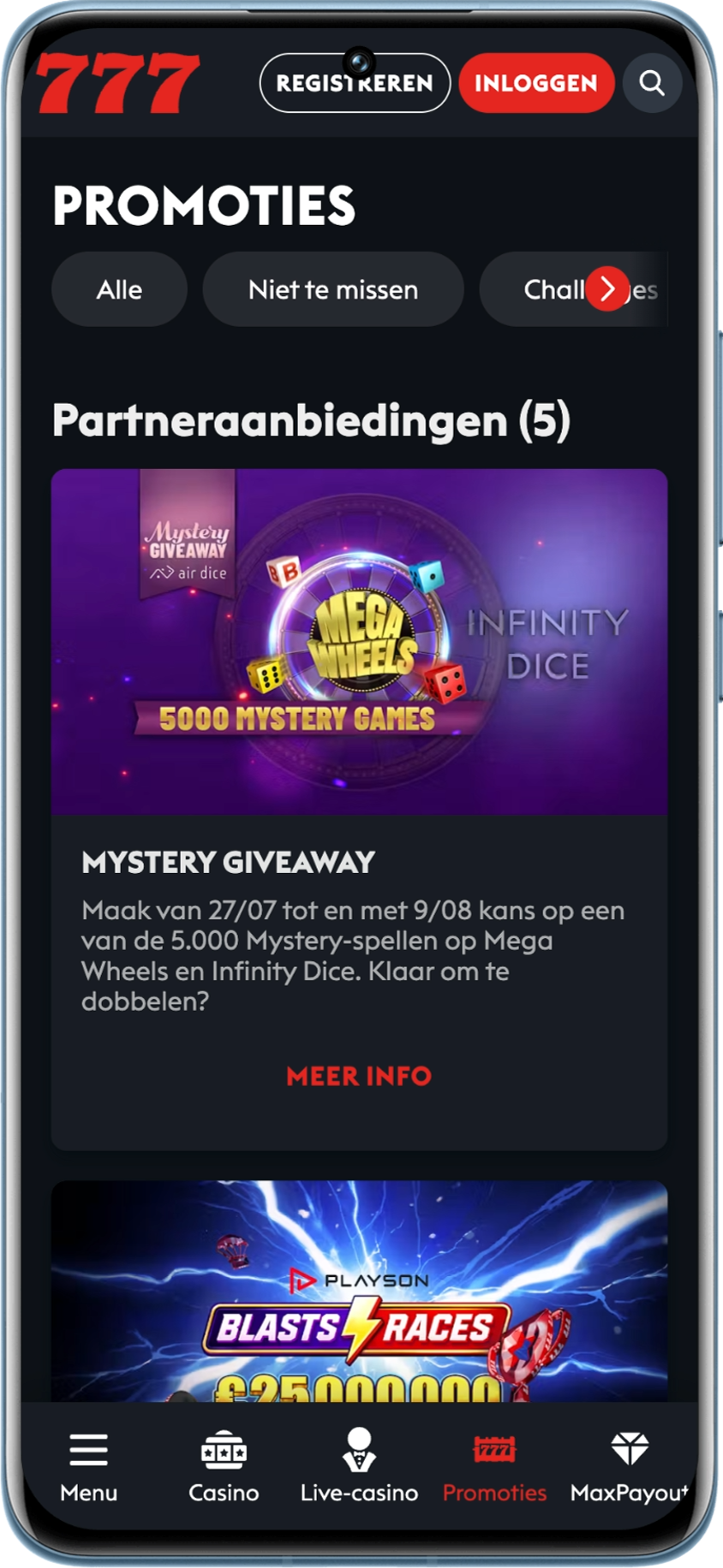 Beschikbare partneraanbiedingen bij Casino777 op 30 juli