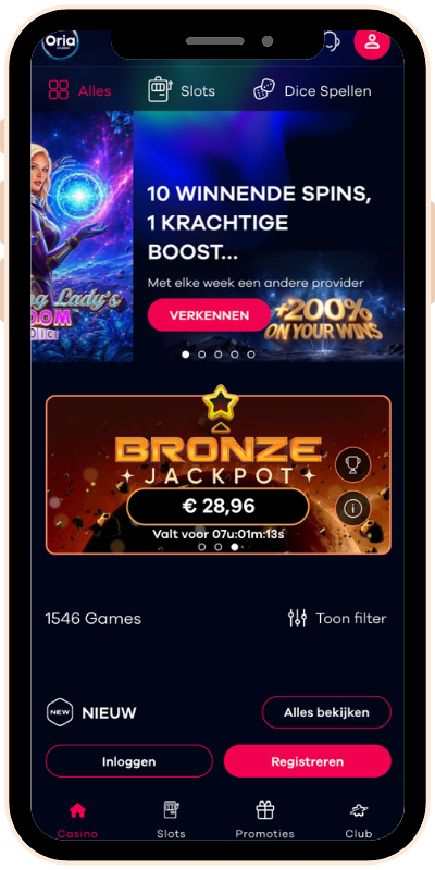 De homepage van het Belgische online casino van Oria