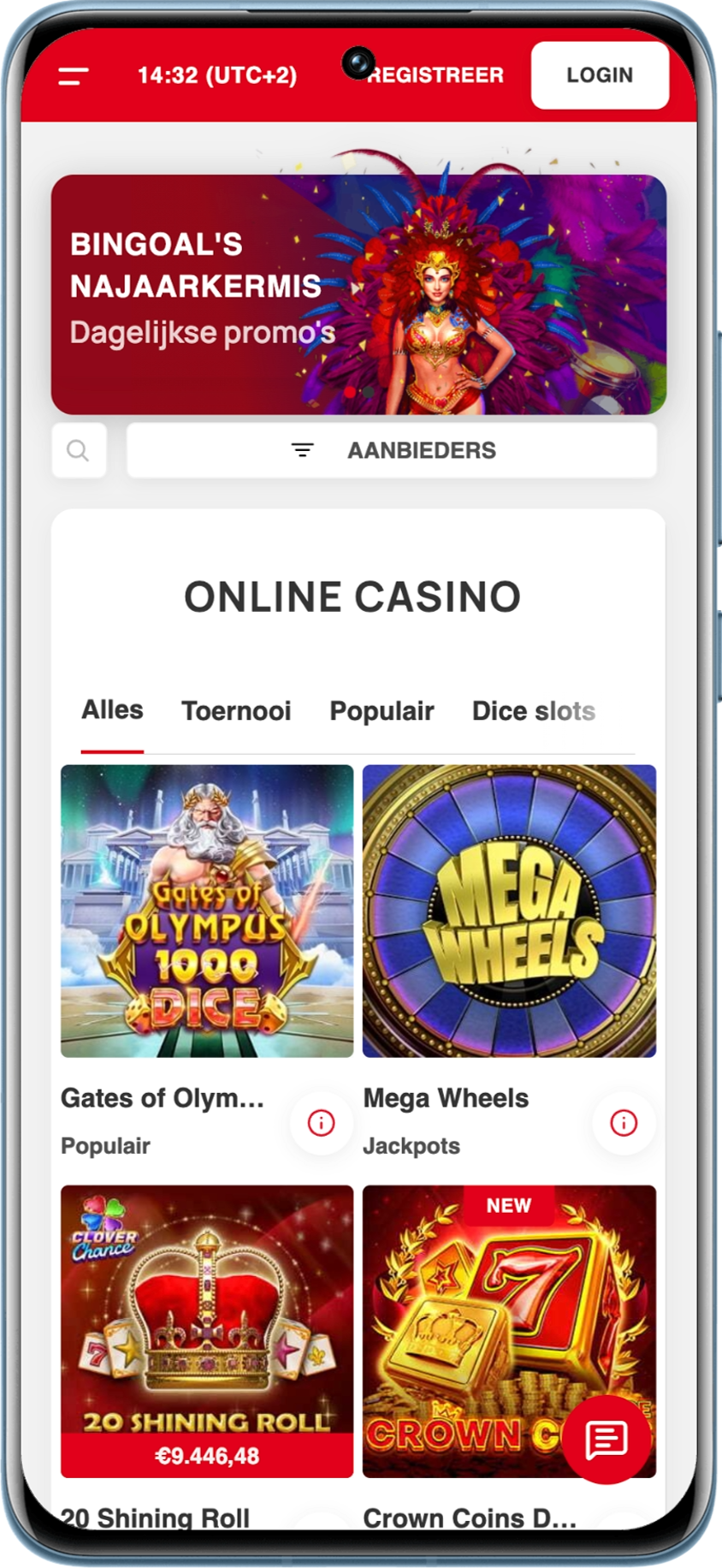 Homepage op smartphone van Bingoal Casino