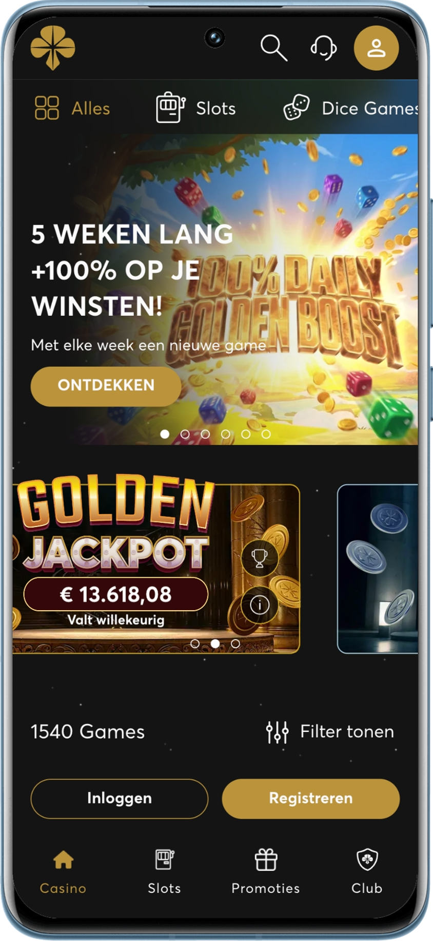 Het startscherm van het online casino van Goldenpalace