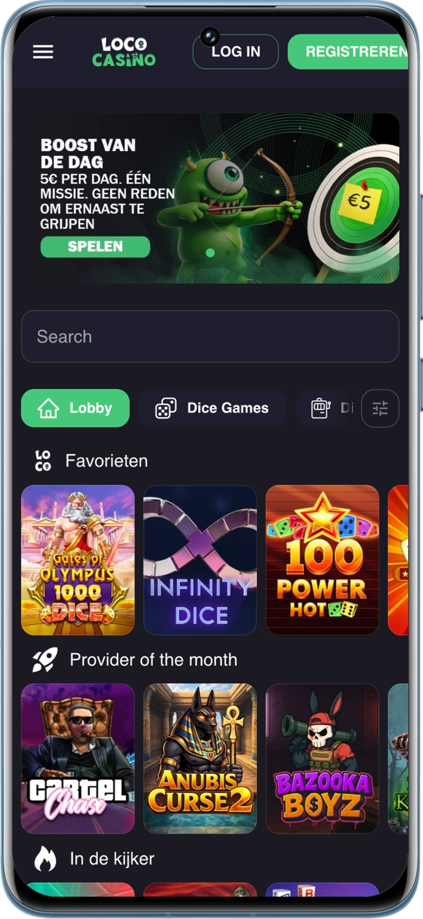 Homepage op smartphone van Loco Casino
