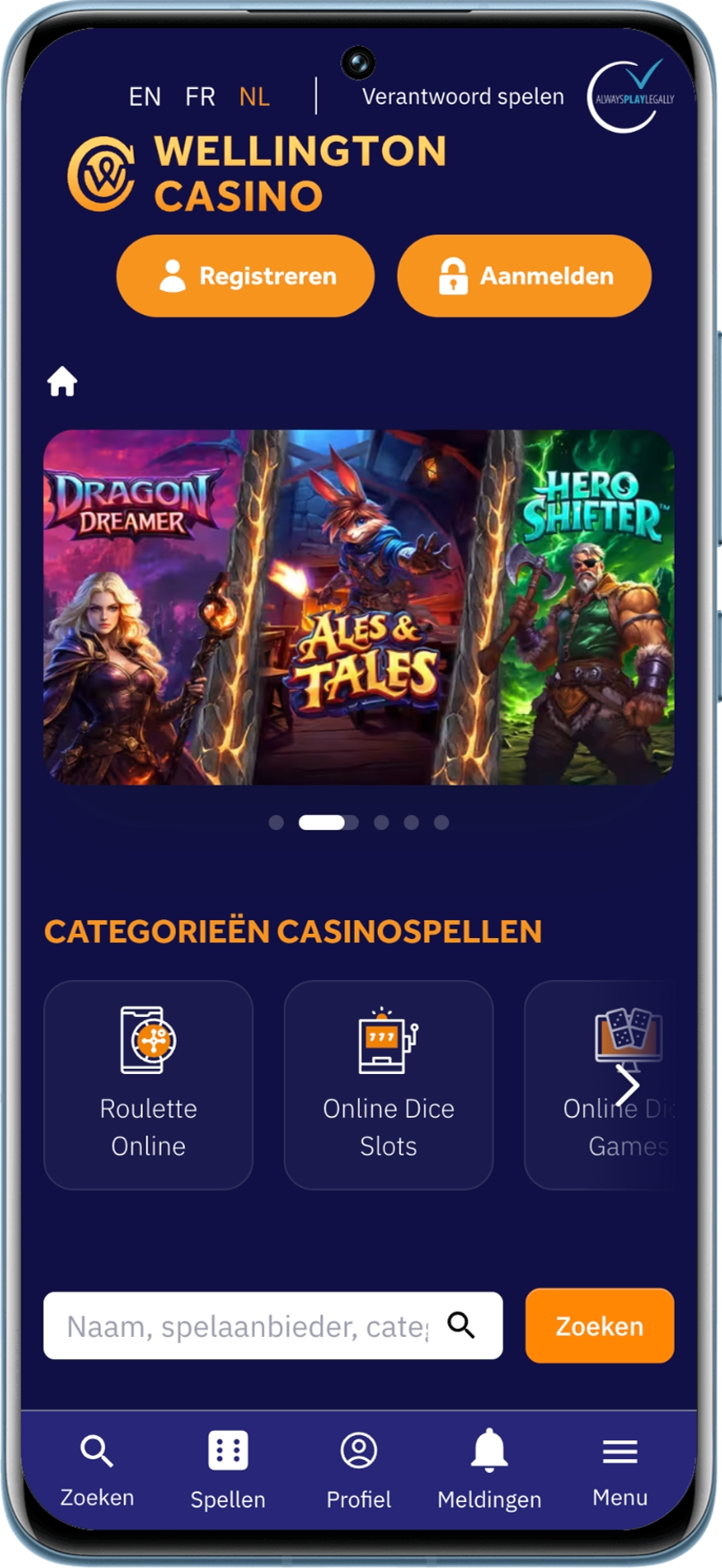 Mobiele homepage van Casino Wellington