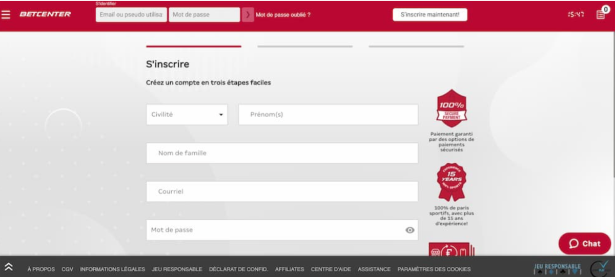 fomulaire Inscription Betcenter pouir profiter du code bonus sur les paris sportifs
