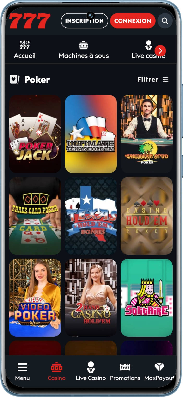 Liste regroupant les 18 jeux de poker disponibles sur Casino777