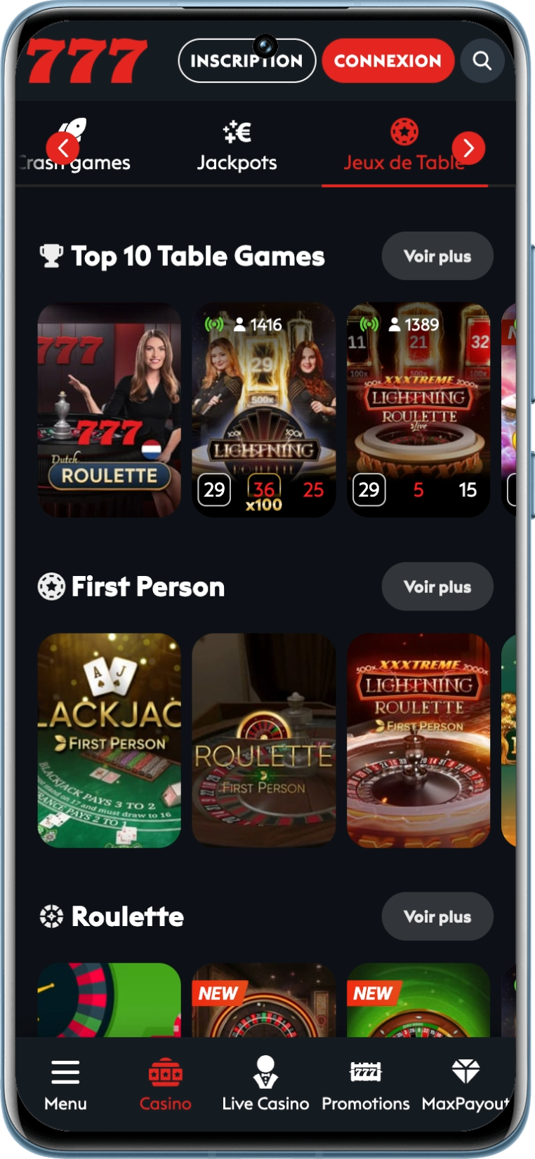 Catégorie listant tous les jeux de tables sur Casino777