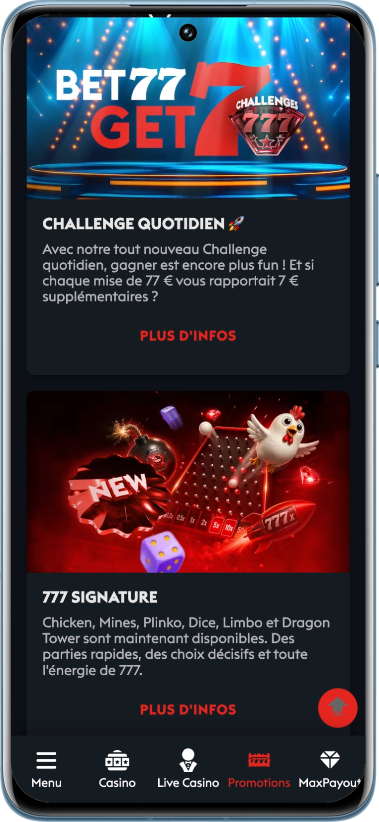 Promotions visibles sur Casino777