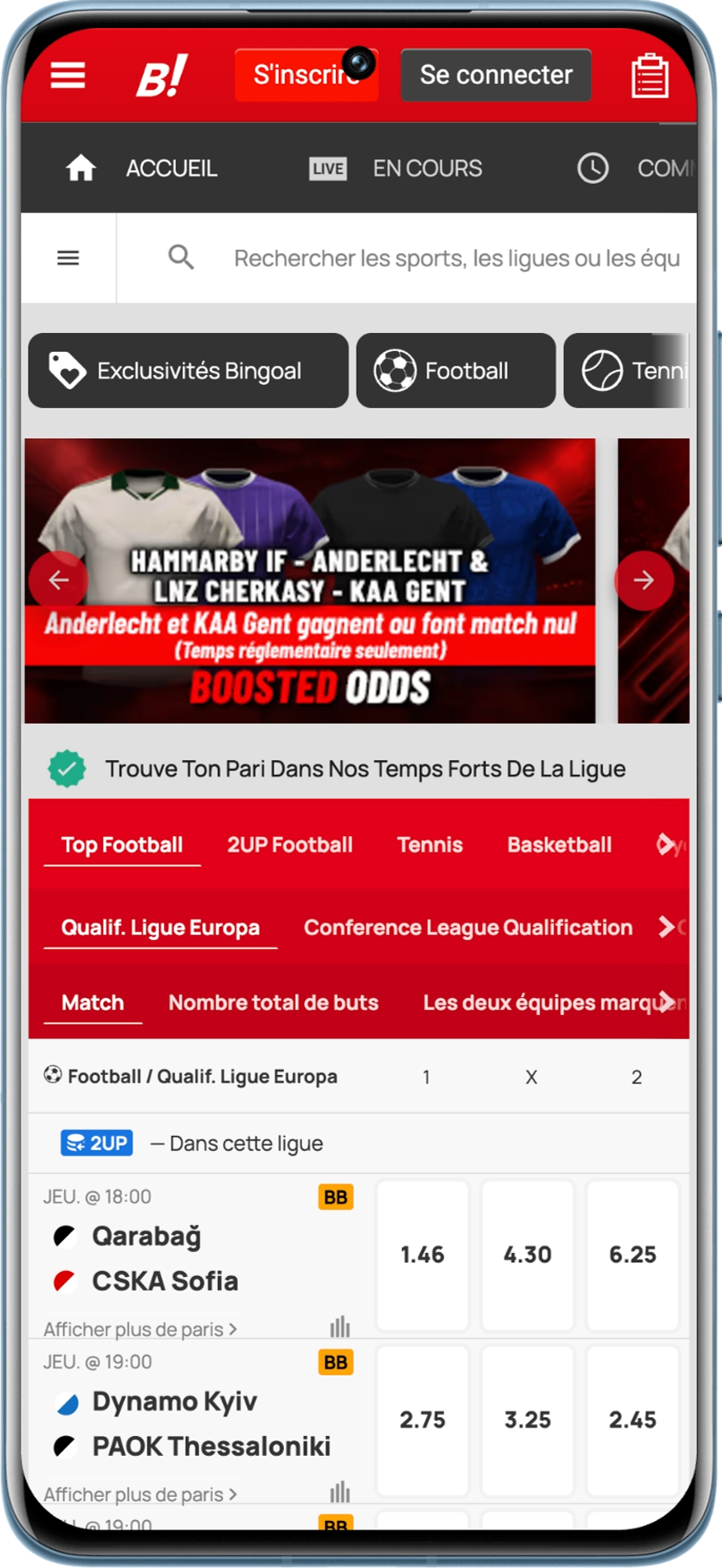 Écran de l'onglet foot sur l'app Bingoal
