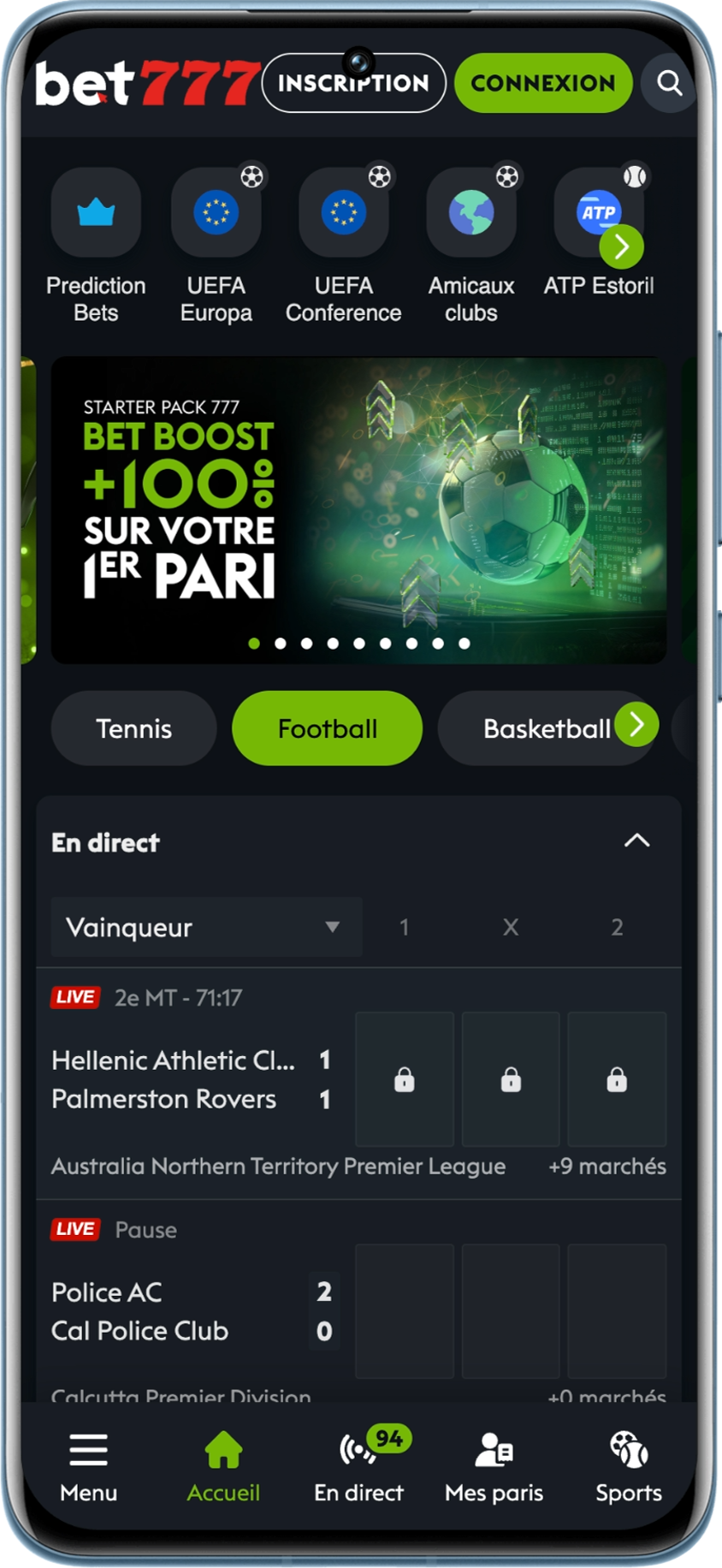 Interface de l'application belge bet777