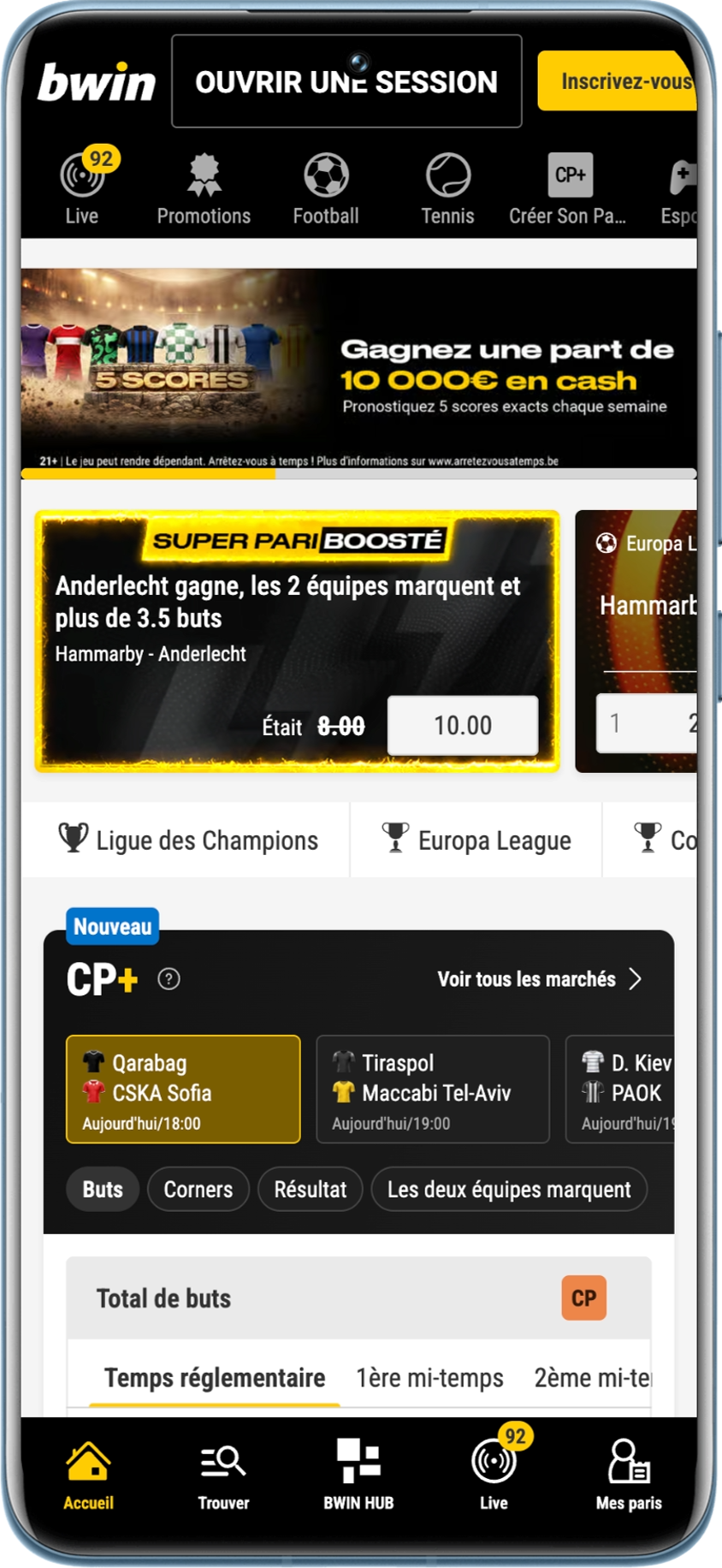 Interface visible sur l'application de bwin