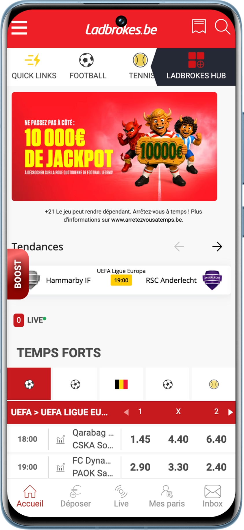 Accueil de l'application Ladbrokes BE avec les tendances