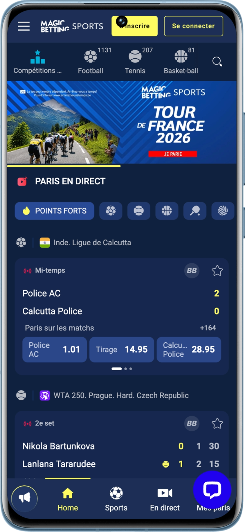 Interface affichée sur l'appli de l'opérateur Magic Betting en Belgique