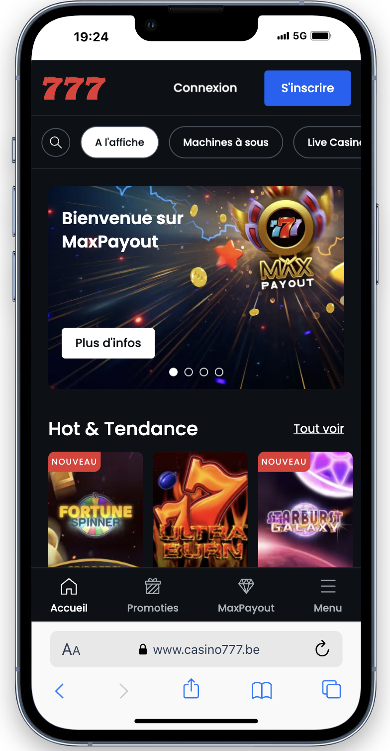 L'accueil du site internet Casino777