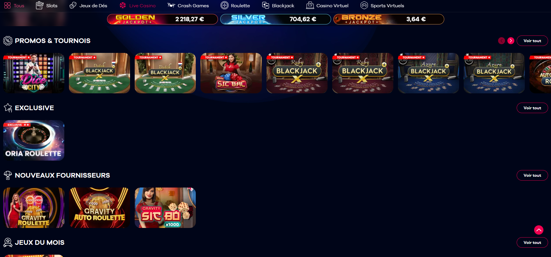 Les jeux en live casino sur Oria
