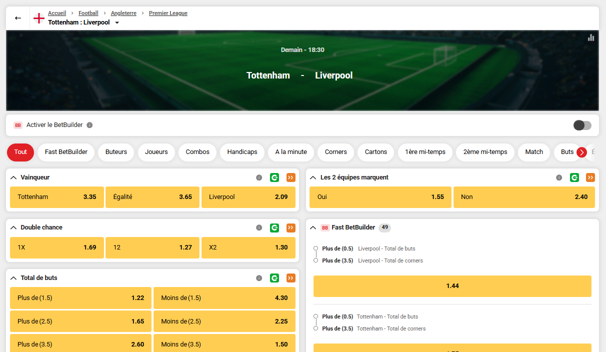 les cote avec le code promo circus pour tottenham liverpool