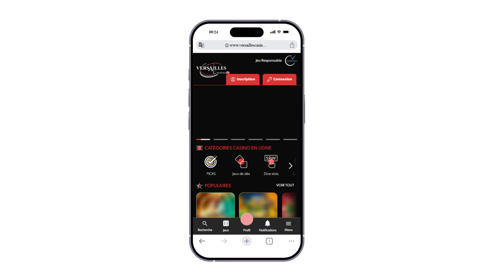 Page d’accueil sur mobile de Casino Versailles