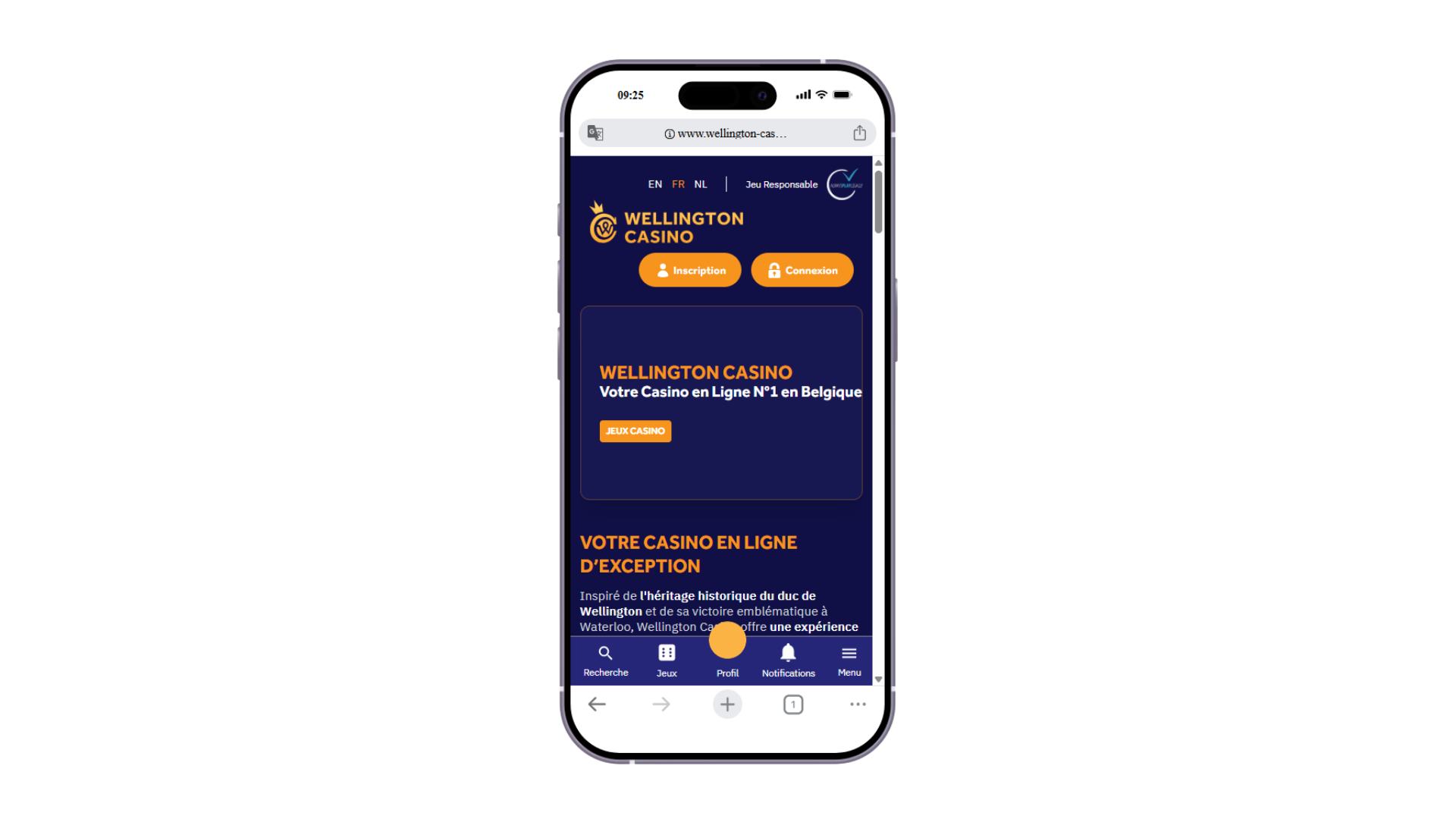 Page d’accueil sur mobile de Casino Wellington