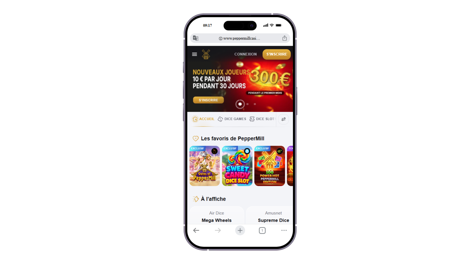 Page d’accueil sur mobile de PepperMill Casino