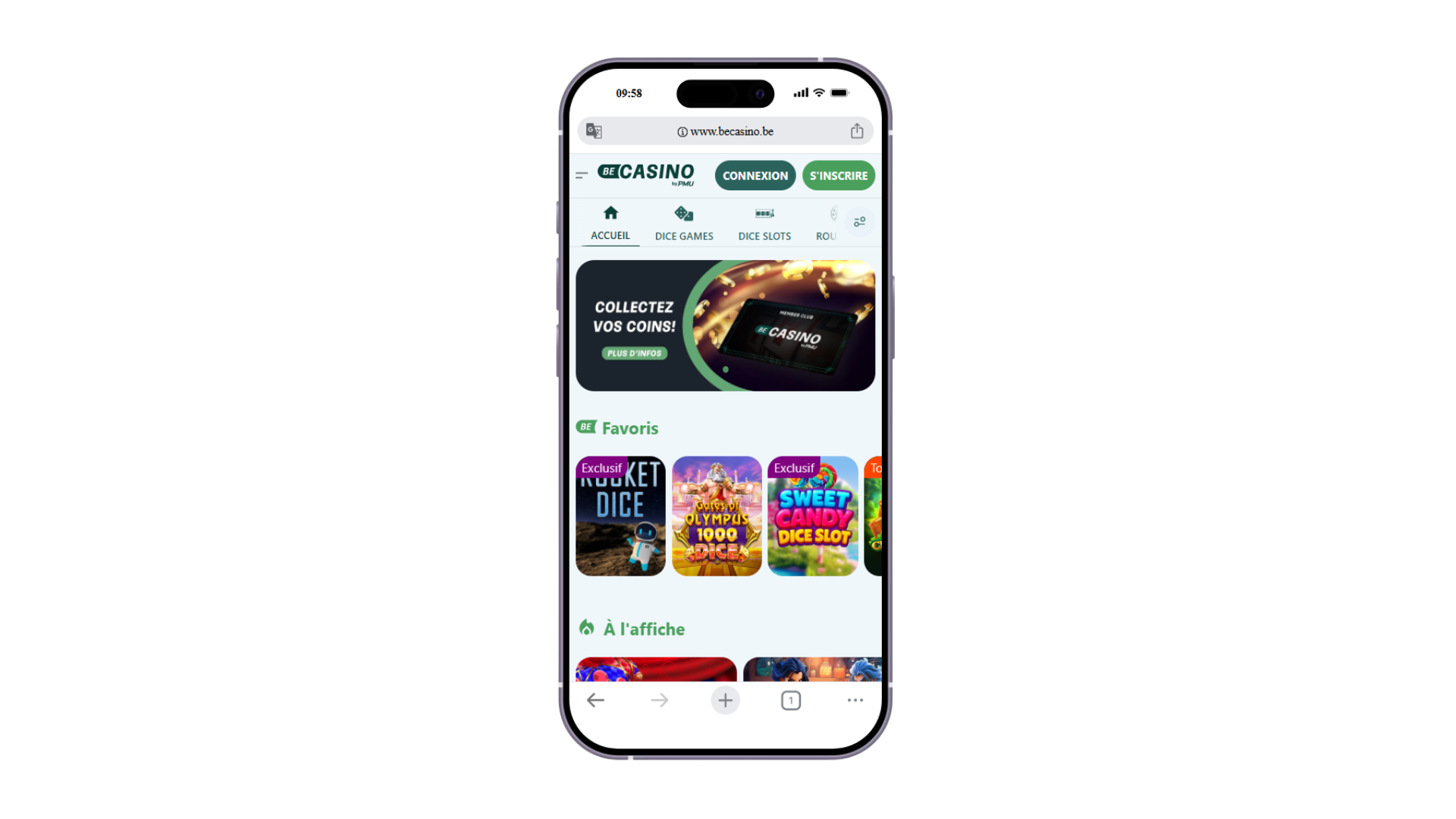 Page d’accueil sur mobile de becasino