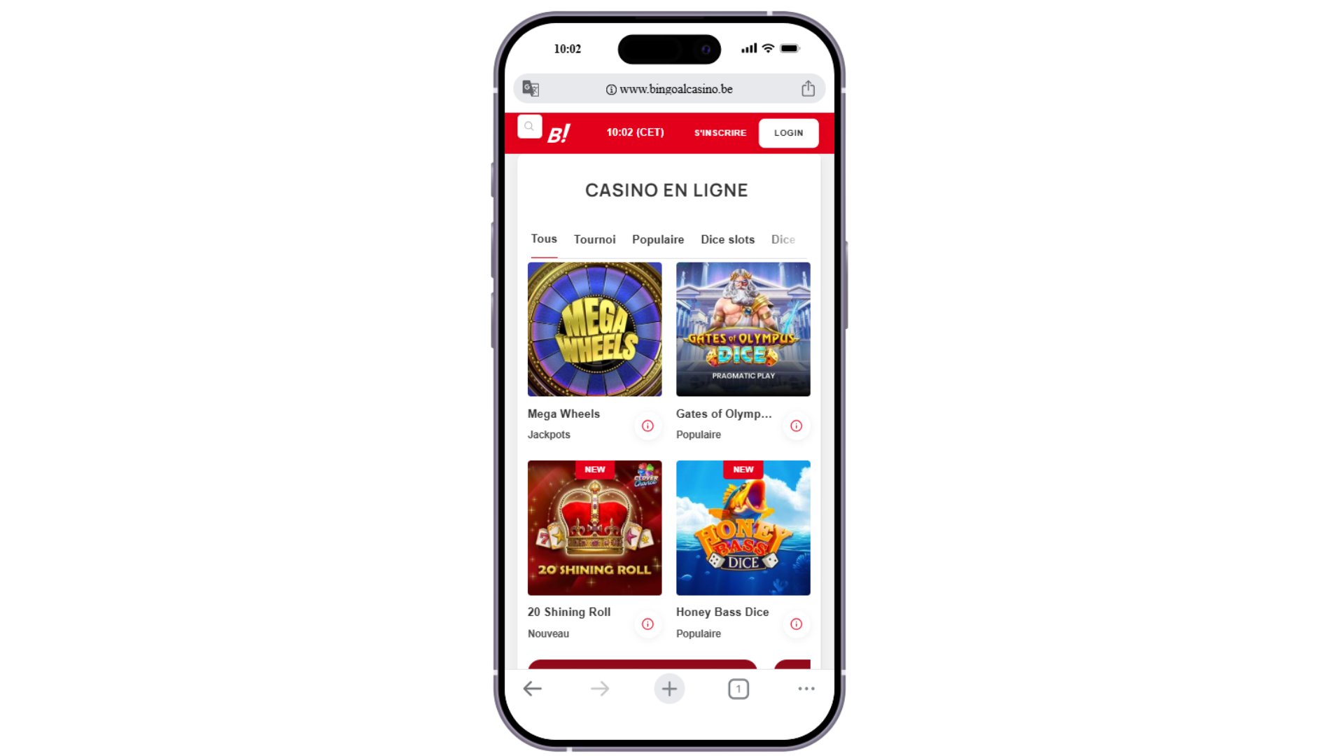 Page d’accueil sur mobile de bingoal casino