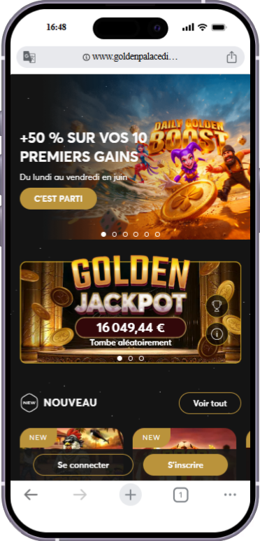 L'écran d'accueil du casino en ligne de Goldenpalace