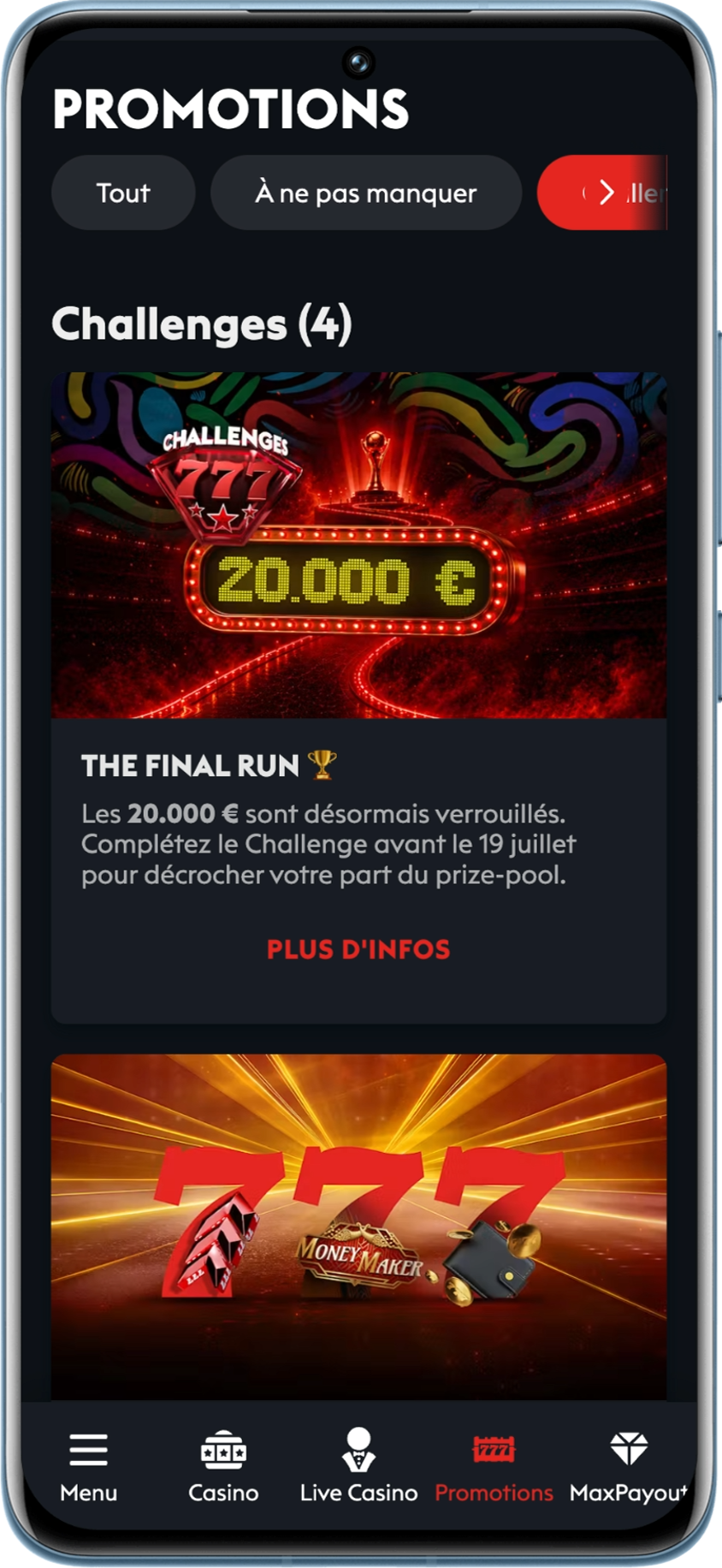 Challenges en cours sur le casino777