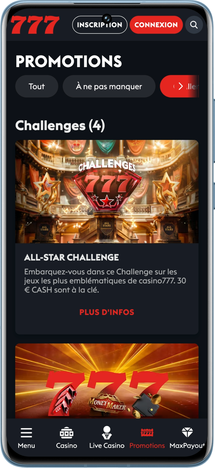 Challenges en cours le 30 juillet sur le casino777