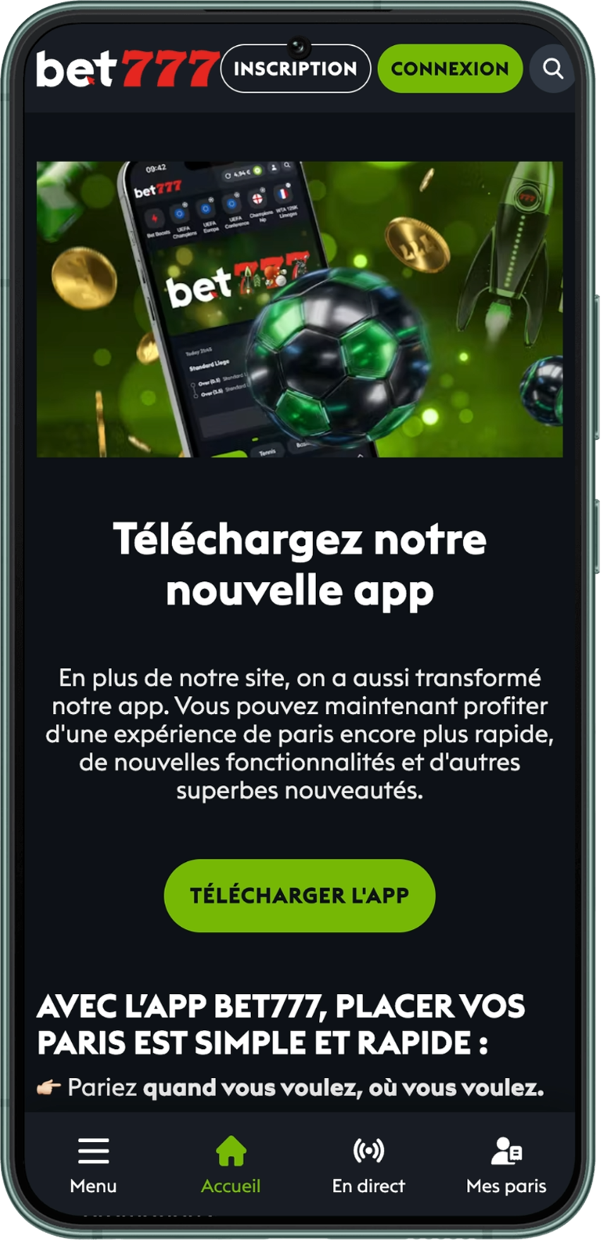 Page dédié au téléchargement de l'application bet777 sur le site de paris sportif bet777