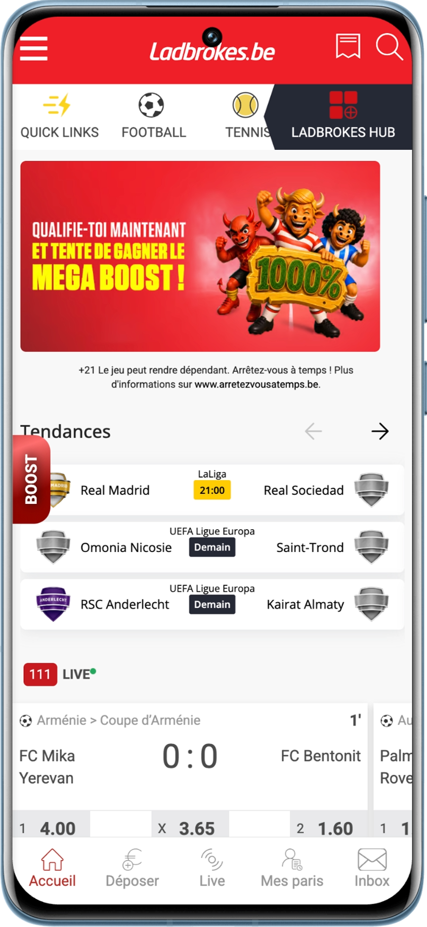 Interface du site de Ladbrokes dédié aux paris sportifs en Blegique