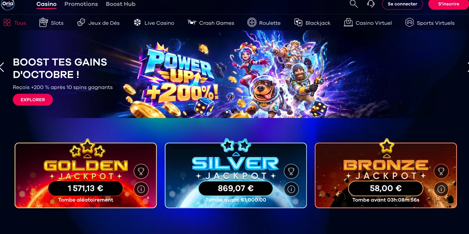 Les 3 jackpots affichés sur le site d'Oria Casino en Belgique