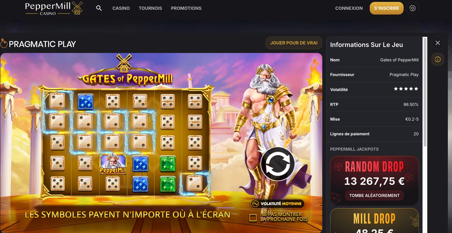 Jeu exclusif Gates of PepperMill sur le site du nouveau casino en ligne belge