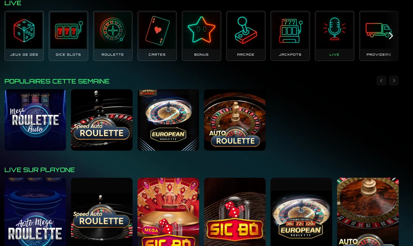 jeux en direct sur le site de PlayOne Casino