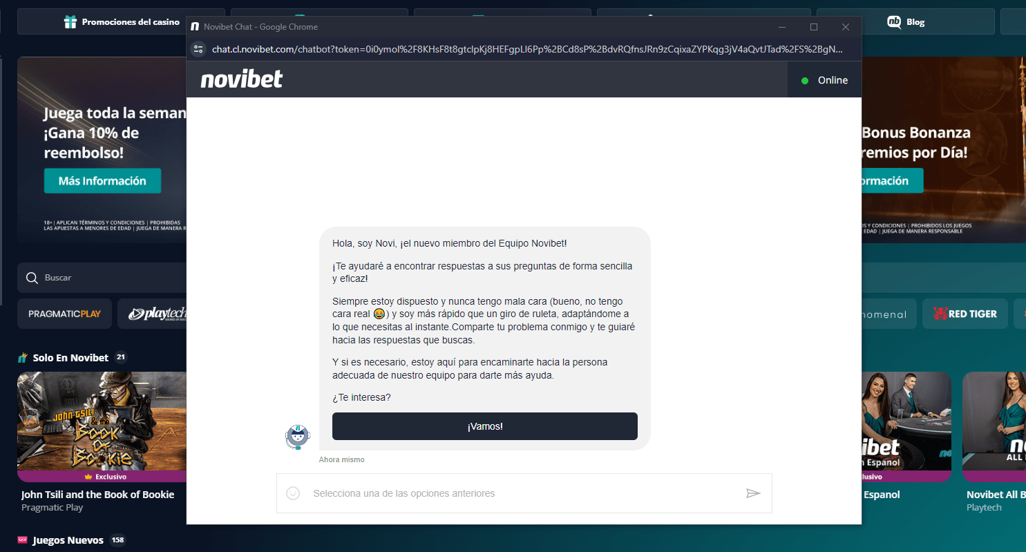 Interfaccia servizio clienti Novibet