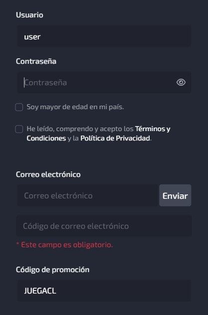 registro en juegaenlinea con el código promocional