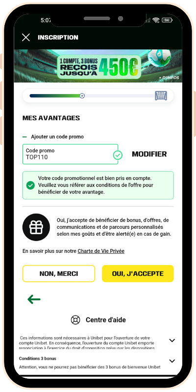 Code promo TOP110 à renseigner lors de l’inscription sur Unibet.