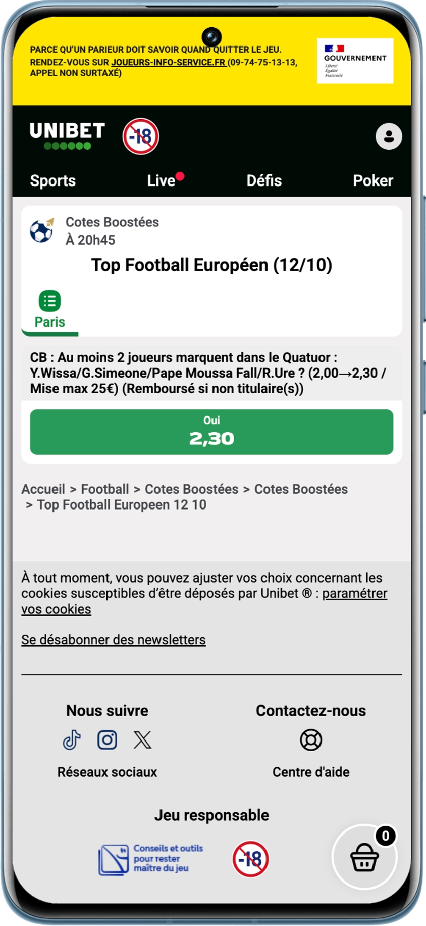 Exemple d’une cote boostée affichée sur l’application Unibet