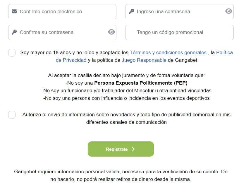termino para registrarse en gangabet