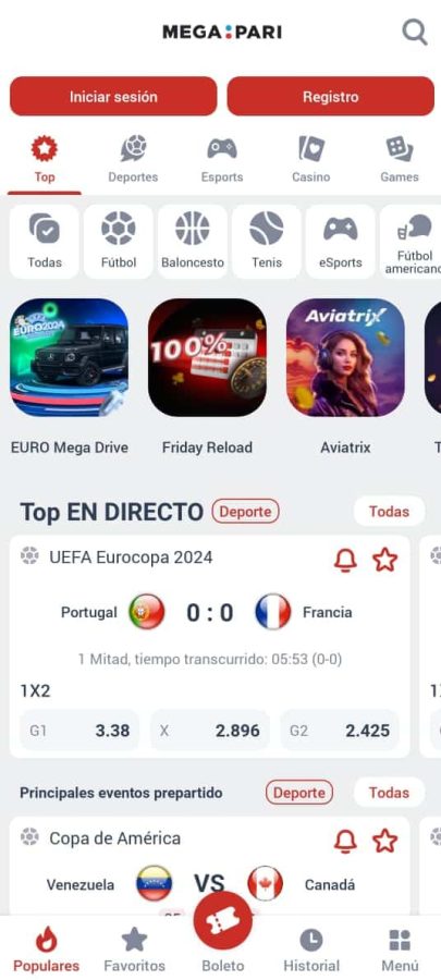 interfaz app megapari
